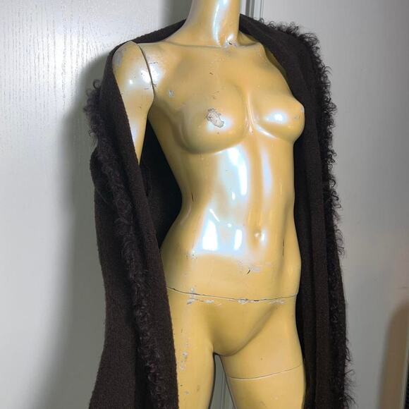Brown Hair Like Wool Cardigan With Fuzzy Trim - Picture 8 of 8